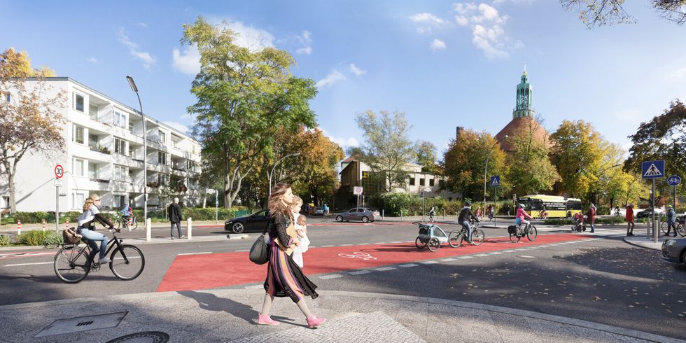 Eine Grafik von einer Straße mit Radwegen auf beiden Fahrbahnseiten