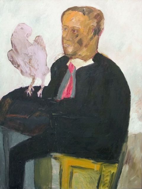 Mann mit Huhn, 1987, Ölfarbe mit Holz (Bild: Fotograf: Friedhelm Hoffmann)