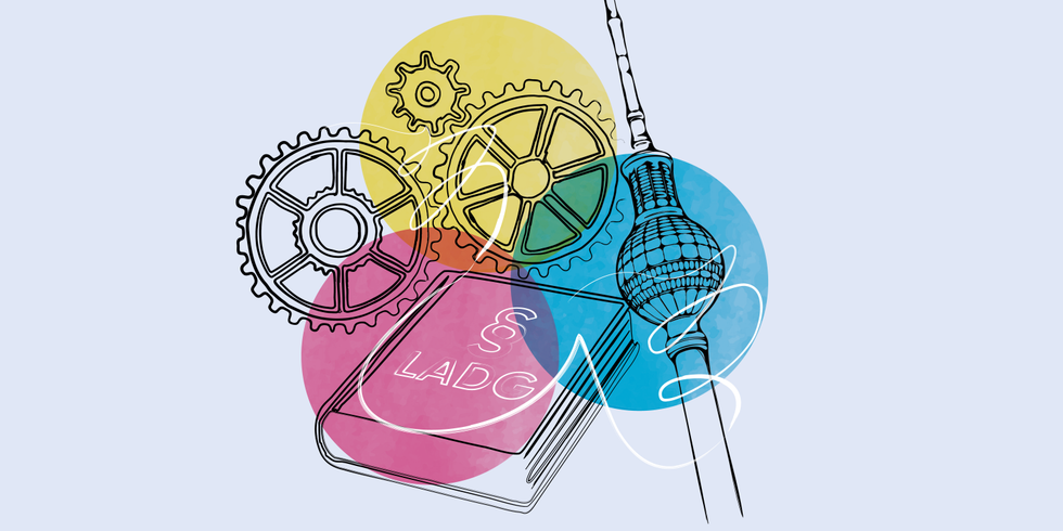 Coverillustration des Diversity-Landesprogramm 2.0 (Zahnräder, Fernsehturm und LADG mit überlappenden Farbkreisen)