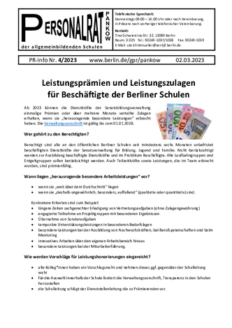 04/2023: Leistungsprämien und Leistungszulagen für Beschäftigte der Berliner Schulen