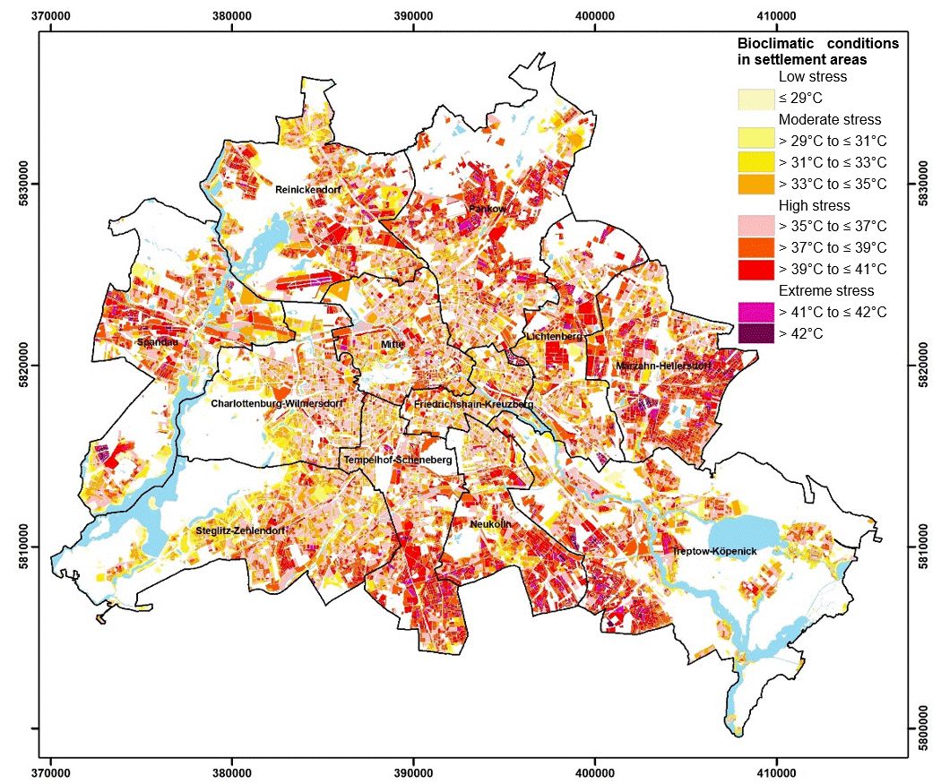 Figure 13: Spatial distribution of assessment classes for bioclimatic conditions in Berlin’s settlement areas (daytime)