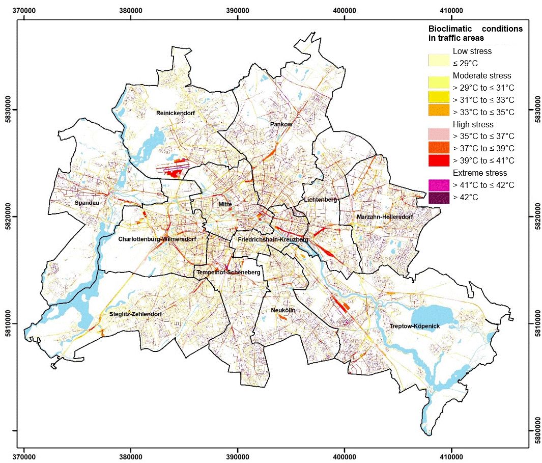Figure 15: Spatial distribution of assessment classes for bioclimatic conditions in Berlin’s traffic areas (daytime)