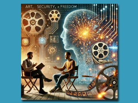 KI generiertes futuristisches Bild mit zwei auf Stühlen sitzenden Menschen im Vordergrund