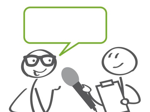 Strichfiguren im Interview mit leerer Sprechblase