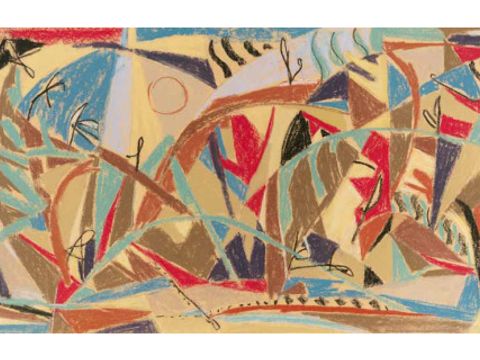 Louise Rösler: Landschaft (Entwurf für einen Wandteppich) · 1955 · Pastell auf Papier · 52 x 90 cm (Bild: Museum Atelierhaus Rösler-Kröhnke)