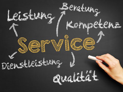 Tafel mit den Worten Service, Leistung, Beratung, Kompetenz, Dienstleistung, Qualität