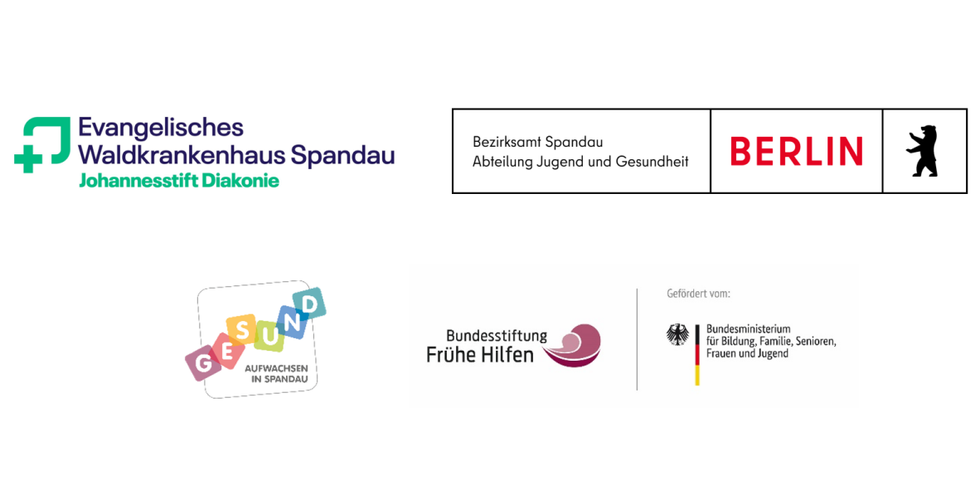 Logos des Ev. Waldkrankenhauses, Bezirksamt Spandau, Frühe Hilfen und Gesund Aufwachsen