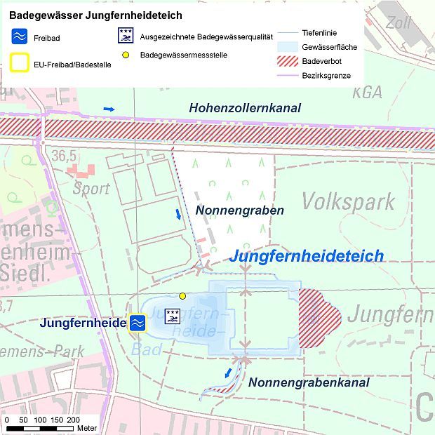 Abb. 1: Übersicht des Badegewässers Jungfernheideteich mit Badestelle und Probenahmestelle. (Hinweis: Das Baden ist nur im Strandbaderlaubt. Die Kennzeichnung des Badeverbotsbereiches ist unvollständig und wird demnächst überarbeitet.)