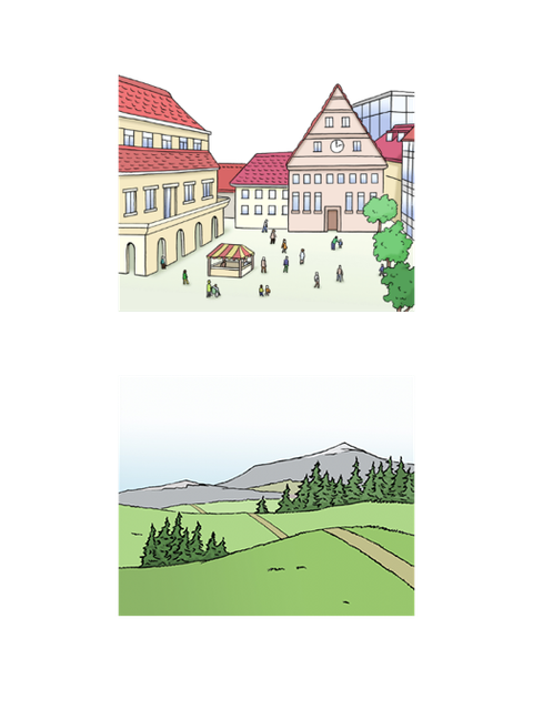 Stadt und bergige Landschaft