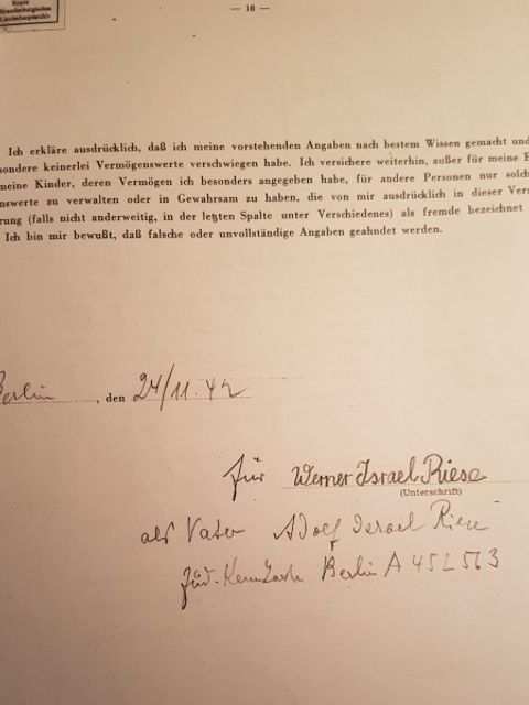 Unterschrift Werner Israel Riese (Bild: Familie Manasse, Monaco)
