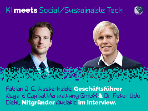 Fotos von Fabian Westerheide und Peter Udo Diehl auf lila Hintergrund mit türkisem unteren Bildrand