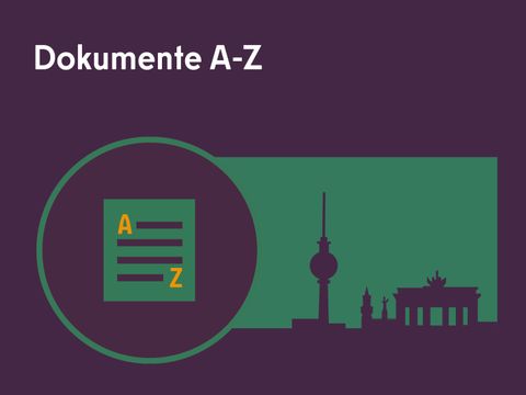 Illustration: im Inneren eines Kreises Blatt Papier mit den Buchstaben A und Z, rechts davon Sehenswürdigkeiten von Berlin