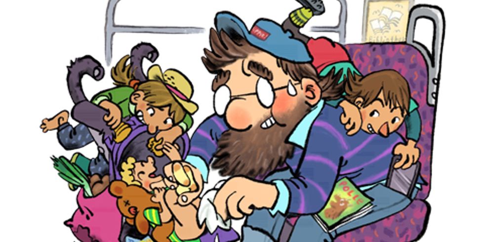 Comiczeichnung mit einem überforderten Vater und frei Kindern