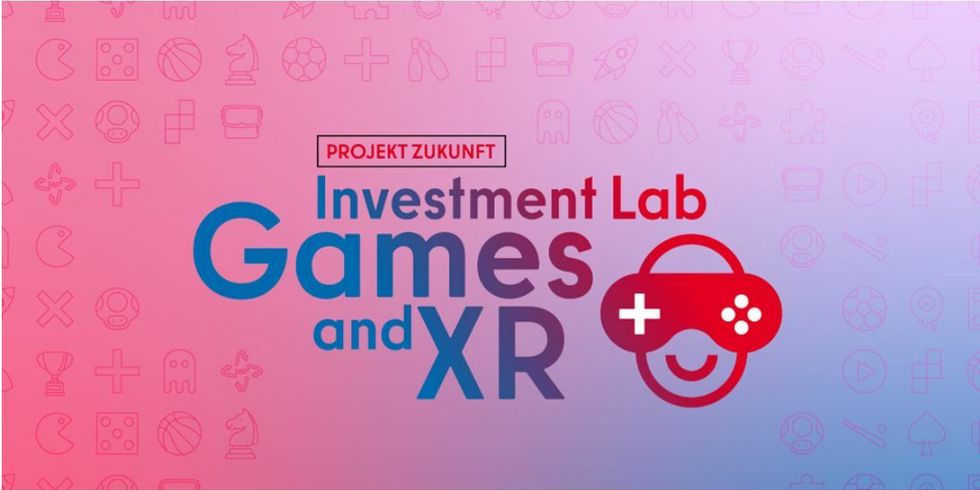 Pink-violettes Text-Bild mit dem Titel Investment Lab Games and XR sowie dem Logo von Prjekt Zukuft und einem Gaming Smiley