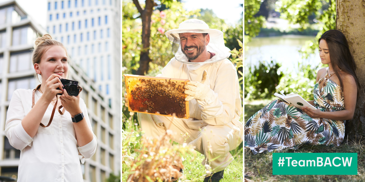 Creative Work Collage mit drei Bildern - Frau mit Fotoapparat, Imker und lesende Frau im Park