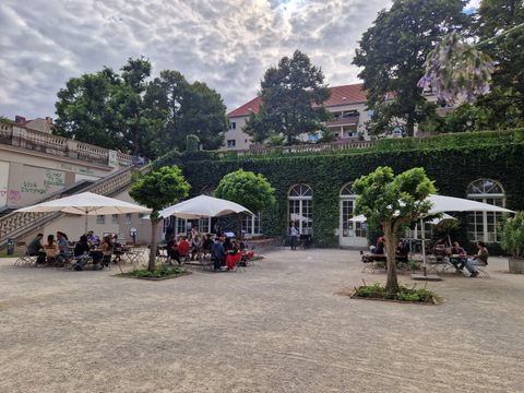 Terasse der Orangerie im Körnerpark mit Sonnenschirmen, Bäumen und sitzenden Gäst*innen