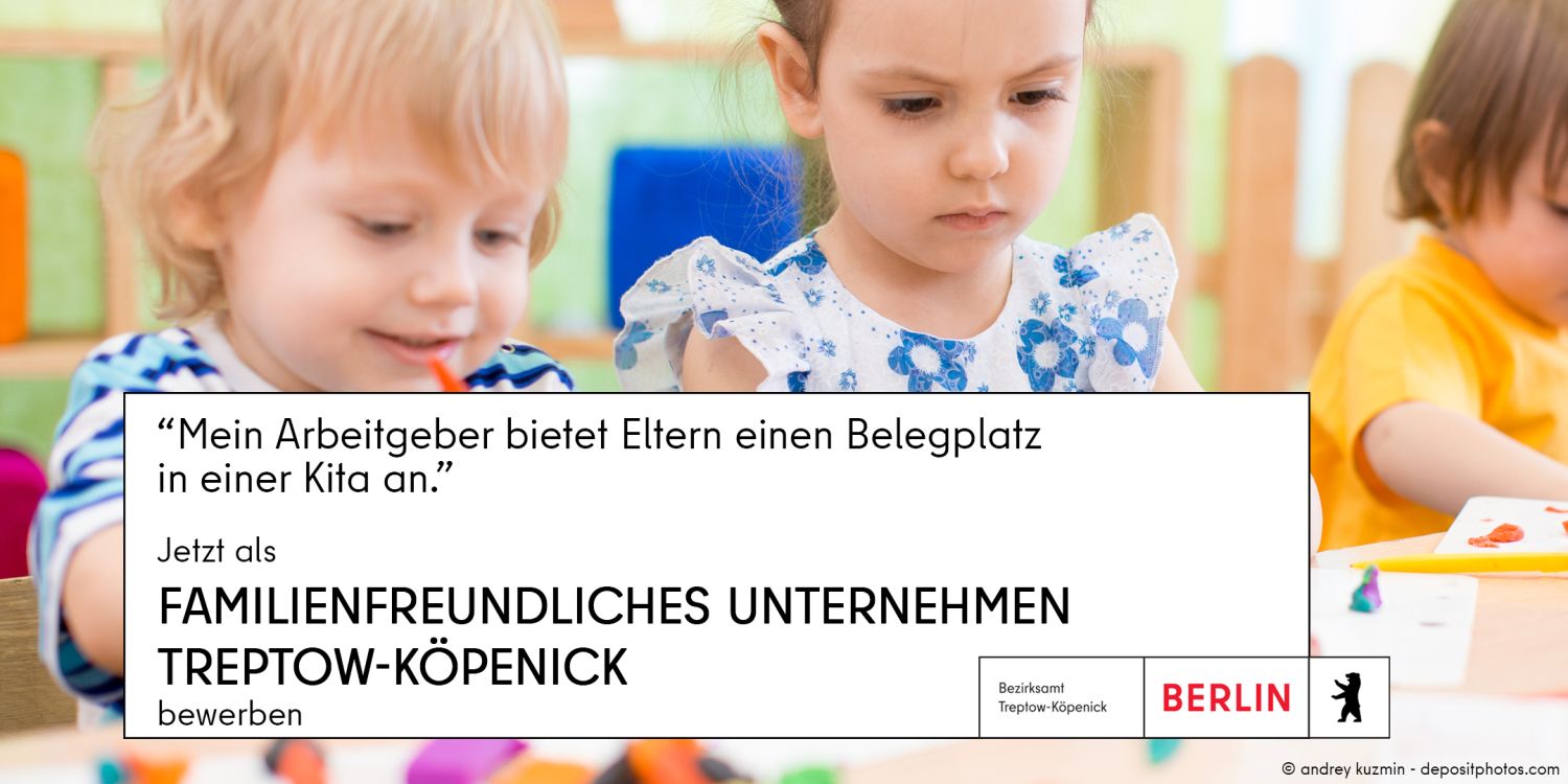 Drei Kinder basteln in der Kita - Aufruf, sich als familienfreundliches Unternehmen zu bewerben