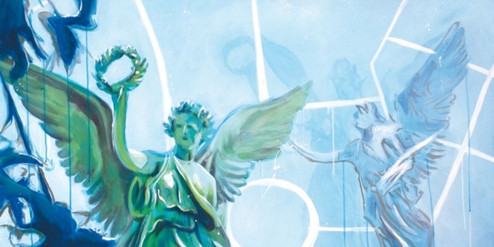 Zeichnung der auf der Friedenssäule thronenden Siegesgöttin Viktoria, die auf dem Mehringplatz steht