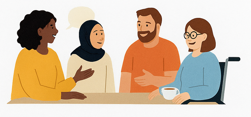 Zeichnung von vier Personen, die sich freundlich unterhalten. Eine Frau mit dunkler Haut und lockigem Haar, eine Frau mit Kopftuch, ein bärtiger Mann in einem orangefarbenen Shirt und eine Frau im Rollstuhl mit Brille und einer Tasse Kaffee.