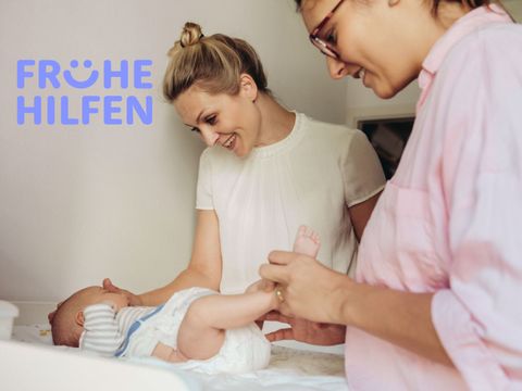 Zwei Frauen versorgen ein Kleinkind. Darübergelegt steht Frühe Hilfen