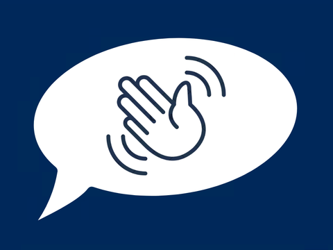 Postkarte auf der in einer Sprechblase die Illustration einer sich bewegenden Hand ist. 