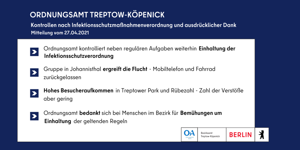 Grafik zur Bilanz des Ordnungsamtes Treptow-Köpenick in der 16. Kalenderwoche 2021