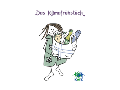 Eine gezeichnete Frau hält eine Tüte mit Lebensmitteln, das Bild ist überschrieben mit "Das Klimafrühstück"