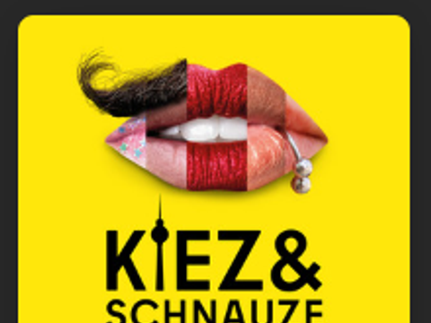 Gelber Hintergrund schwarz umrahmt mit einem Mund und enem schwarzen Schriftzug Kiez & Schnauze, unsere Themen, unsere Stadt.