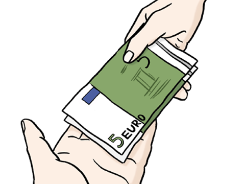 Zeichnung: eine Hand gibt einer anderen Hand Geld-Scheine