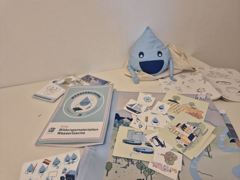 Inhalt der Wassertasche: Handpuppe, Sticker, Flyer, Informationsblatt, Karte