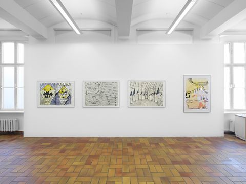 Oskar Manigk, Zwei Uhus, 2001, Mischtechnik auf Karton/ In bester Absicht, 2009, Mischtechnik auf Bütten/ Versuchsreihe, 2009, Mischtechnik auf Bütten/ Unvergleichliches, 2014, Mischtechnik auf Karton (Bild: © Oskar Manigk und die VG Bild-Kunst, Bonn 2024. Foto: Marjorie Brunet Plaza)