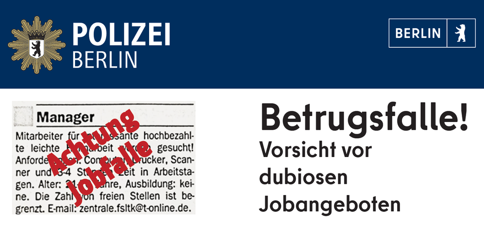 Warnung der Polizei vor der Jobfalle bei dubiosen Jobangeboten
