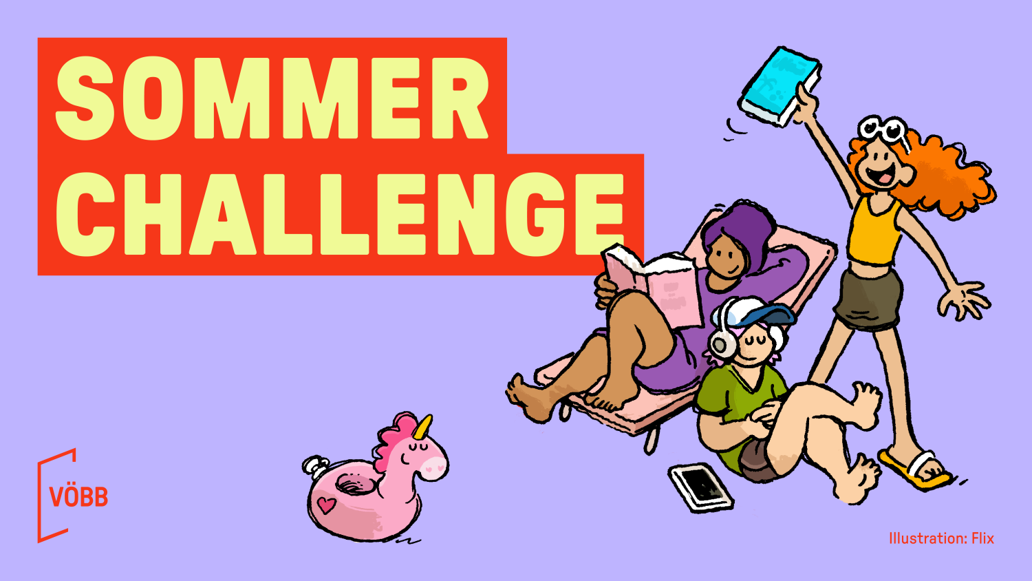Unter dem Schriftzug "Sommer Challenge" sind drei Kinder als Comic-Figuren zu sehen. Eine Figur liest, eine hört Musik und die dritte hält begeistert ein Buch in die Luft