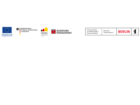 Logos "Kofinanziert von der EU", "Bundesministerium für Wohnen, Stadtentwicklung und Bauwesen", "Städtebauförderung", "Quartiersmanagement", "Sen StadtBauWohn" und "Bezirksamt Treptow-Köpenick"