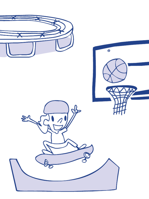 Drei Elemente im Comicstil als Beispiel für Sportaktivitäten: ein Trampolin, ein Basketballkorb und ein Mädchen auf einem Skateboard.