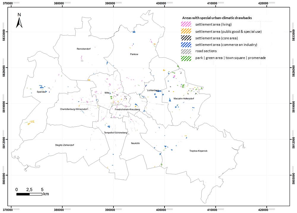 Fig. 14: Areas with special urban-climatic drawbacks in Berlin (Image: Umweltatlas Berlin)