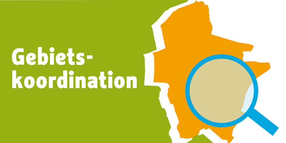 Karte mit Lupe und Aufschrift: Gebietskoordination