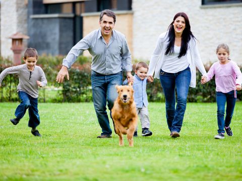 Family running with dog