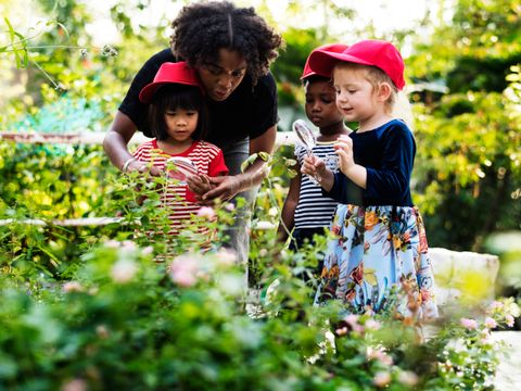Lehrer und Schüler im Schulgarten