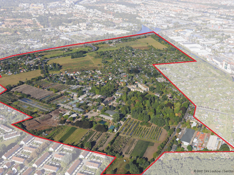 Schrägluftbild mit Markierung des Gebiets der vorbereitenden Untersuchungen