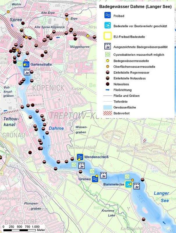 Abb. 1: Übersicht des Badegewässers Dahme mit EU-Badestellen, Probenahmestellen und Einleitstellen.