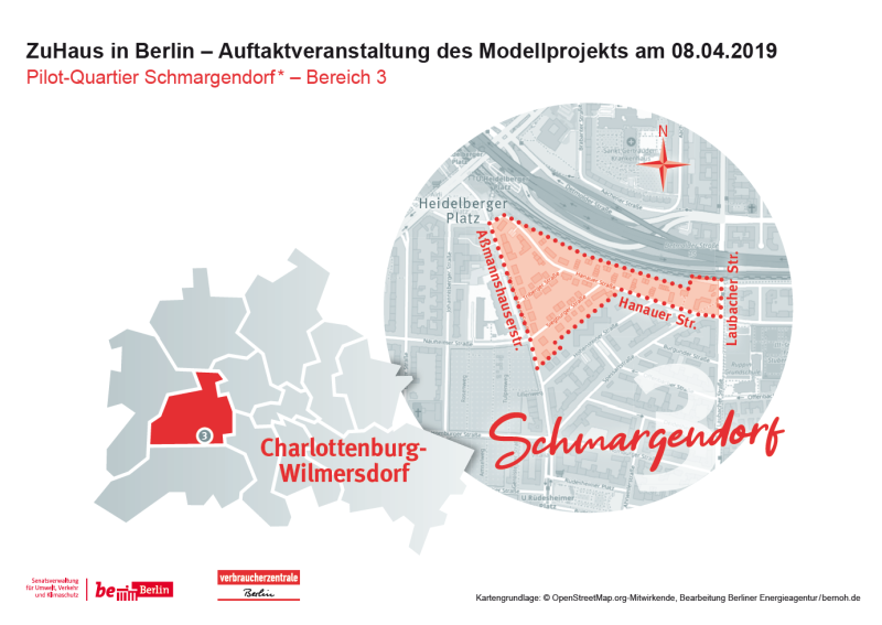Das Pilot-Quartier Schmargendorf 2, von den Straßen Laubacher Straße, Aßmannshauserstraße und Hanauer Straße begrenzt.