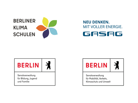 Logos: Berliner Klima Schulen; GASAG; Senatsverwaltung für Bildung, Jugend und Familie; Senatsverwaltung für Mobilität, Verkehr, Klimaschutz und Umwelt