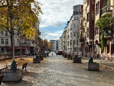 Blick auf die bestehende Fußgängerzone Danneckerstraße mit Großpflastersteinen und Bäumen in Kübeln