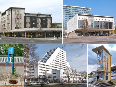 (Bild: Ignatiushaus (Johannes Jackel) © Peter Kuley, CC BY-SA 3.0 | Kino International (Josef Kaiser/Heinz Aust) © R. Rossner, DSD | Straßenpumpe (Fridtjof Schliephacke) © Beutelschmidt | Wohnpyramide (Fridtjof Schliephacke/Wilfried Wurst) © Kohlenbach, LDA-DK | Zielrichterturm Trabrennbahn Karlshorst (Günter Schildhauer) © Beutelschmidt |)