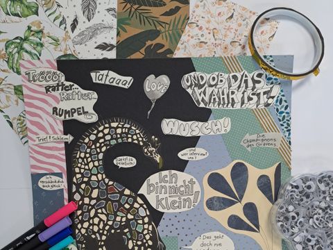 Gebastelte Collage mit Tierbildern und Sprechblasen