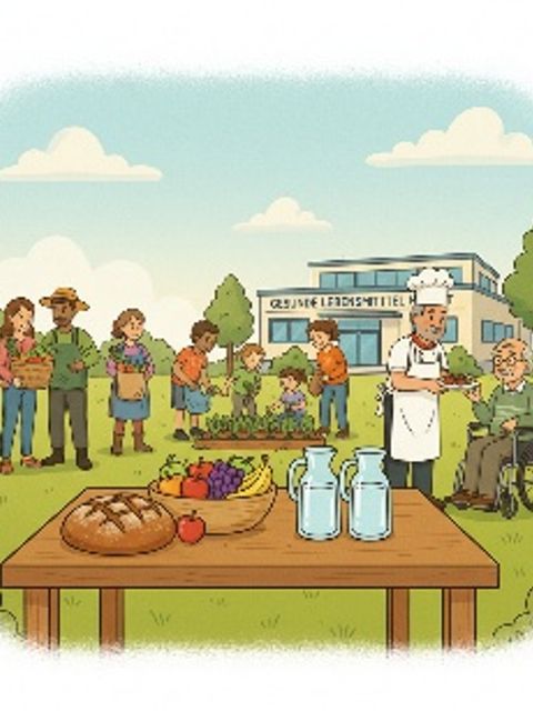 Ein Tisch mit Lebensmitteln, dahinter Menschen mit Gemüse und ein Gebäude mit der Aufschrift Gesunde Lebensmittel