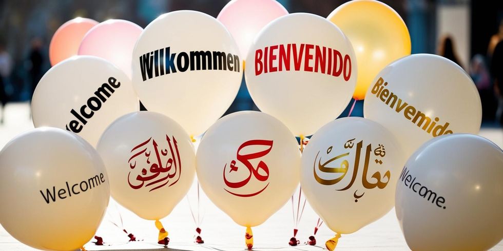 Ein gestochen scharfes, kontrastreiches professionelles Foto, das mehrere bunte Ballons zeigt, von denen jeder eine Willkommen in einer anderen Sprache aufweist_ Das deutsche „Willkommen“ in fettgedruckter, kursiver Schrift