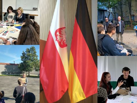 Auf einer Collage sind die deutsche und die polnische Flagge zu sehen sowie Situationen aus Workshops und Führungen.