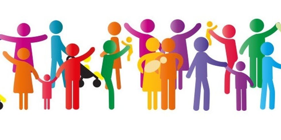 Familienpiktogramm mit Kindern und Kinderwagen in bunten Farben